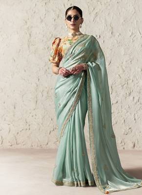 Light turquoise fancy glass tissue organza saree with sequins & dhaga embroidery work designer saree 1