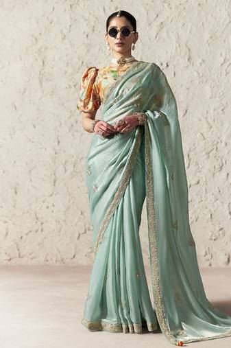 Light turquoise fancy glass tissue organza saree with sequins & dhaga embroidery work designer saree