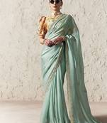Light turquoise fancy glass tissue organza saree with sequins & dhaga embroidery work designer saree