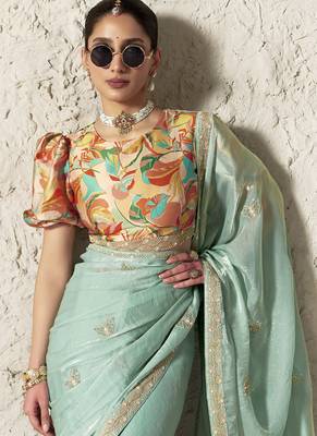 Light turquoise fancy glass tissue organza saree with sequins & dhaga embroidery work designer saree 2