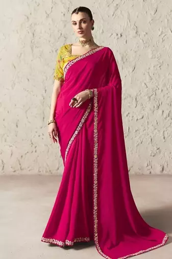 Ruby fancy glass tissue organza saree with sequins & dhaga embroidery work designer saree