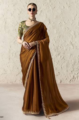 Brown fancy glass tissue organza saree with sequins & dhaga embroidery work designer saree