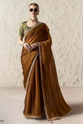 Brown fancy glass tissue organza saree with sequins & dhaga embroidery work designer saree