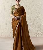 Brown fancy glass tissue organza saree with sequins & dhaga embroidery work designer saree