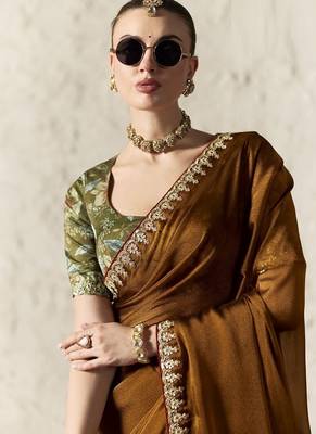 Brown fancy glass tissue organza saree with sequins & dhaga embroidery work designer saree 2