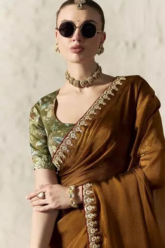 Brown fancy glass tissue organza saree with sequins & dhaga embroidery work designer saree