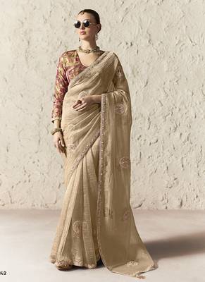 Cream fancy glass tissue organza saree with sequins & dhaga embroidery work designer saree 1