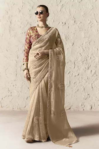 Cream fancy glass tissue organza saree with sequins & dhaga embroidery work designer saree