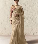 Cream fancy glass tissue organza saree with sequins & dhaga embroidery work designer saree