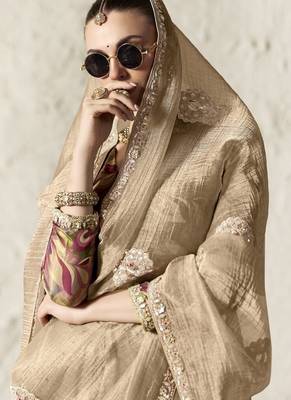 Cream fancy glass tissue organza saree with sequins & dhaga embroidery work designer saree 2