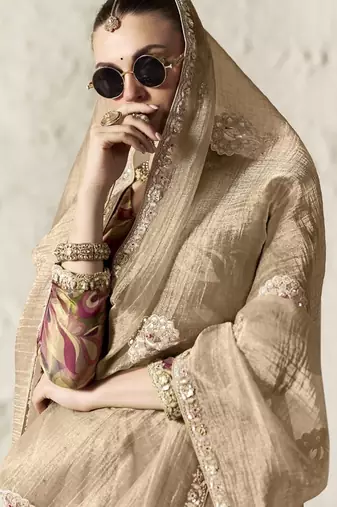 Cream fancy glass tissue organza saree with sequins & dhaga embroidery work designer saree