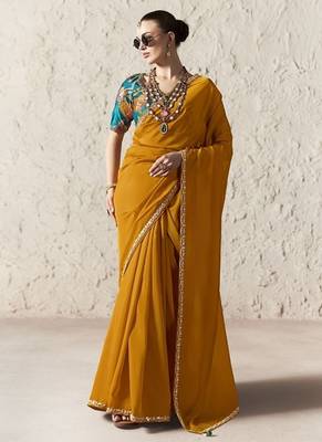 Orange fancy glass tissue organza saree with sequins & dhaga embroidery work designer saree 1