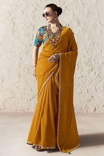 Orange fancy glass tissue organza saree with sequins & dhaga embroidery work designer saree