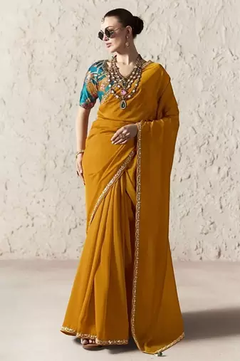 Orange fancy glass tissue organza saree with sequins & dhaga embroidery work designer saree