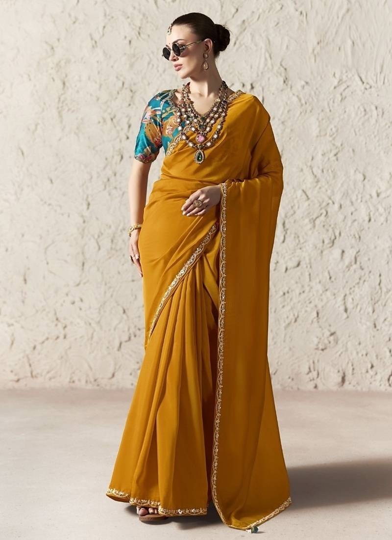 Orange fancy glass tissue organza saree with sequins & dhaga embroidery work designer saree