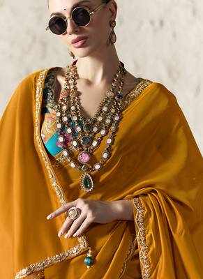 Orange fancy glass tissue organza saree with sequins & dhaga embroidery work designer saree 2