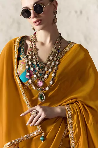 Orange fancy glass tissue organza saree with sequins & dhaga embroidery work designer saree