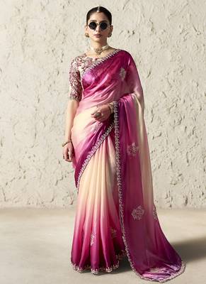 Shaded pink fancy glass tissue organza saree with sequins & dhaga embroidery work designer saree 1