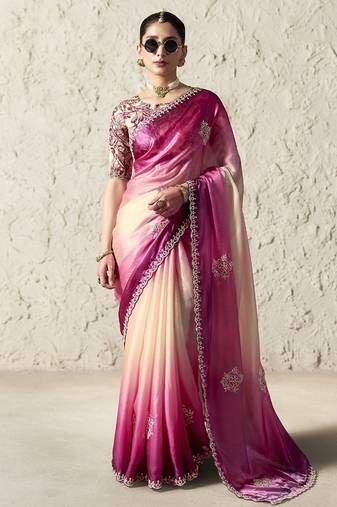 Shaded pink fancy glass tissue organza saree with sequins & dhaga embroidery work designer saree