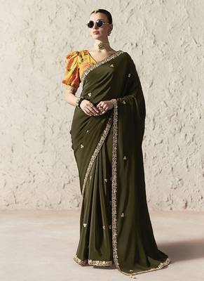 Mehndi fancy glass tissue organza saree with sequins & dhaga embroidery work designer saree 1