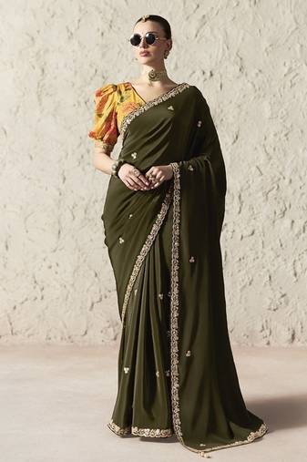 Mehndi fancy glass tissue organza saree with sequins & dhaga embroidery work designer saree