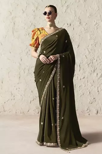 Mehndi fancy glass tissue organza saree with sequins & dhaga embroidery work designer saree