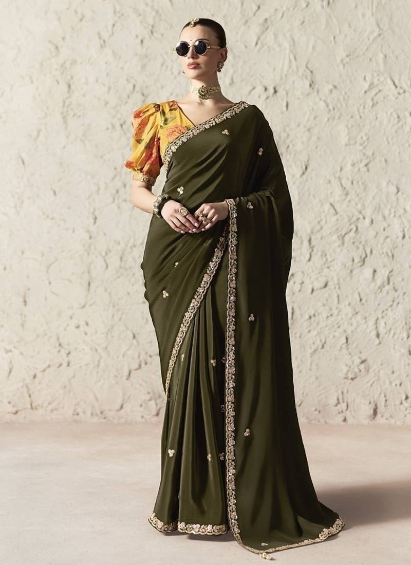 Mehndi fancy glass tissue organza saree with sequins & dhaga embroidery work designer saree
