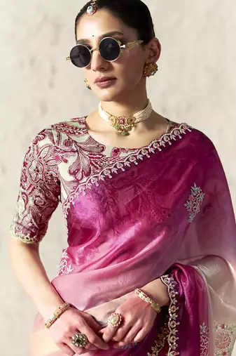 Shaded pink fancy glass tissue organza saree with sequins & dhaga embroidery work designer saree