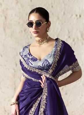 Purple fancy glass tissue organza saree with sequins & dhaga embroidery work designer saree 2