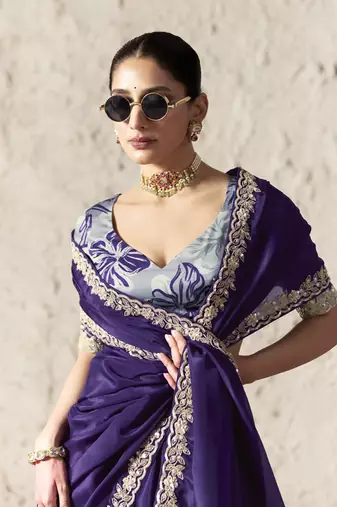 Purple fancy glass tissue organza saree with sequins & dhaga embroidery work designer saree