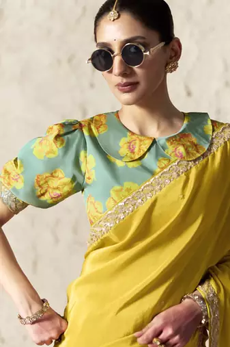 Lemon fancy glass tissue organza saree with sequins & dhaga embroidery work designer saree