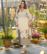 Cream muslin silk floral printed v neck kurta pant set with dupatta | salwar suit