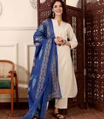 Cream chanderi silk v neck kurta pant set with printed blue dupatta | readymade suit