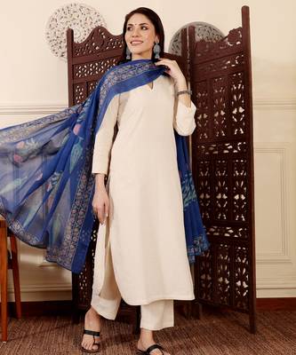 Cream chanderi silk v neck kurta pant set with printed blue dupatta | readymade suit 2