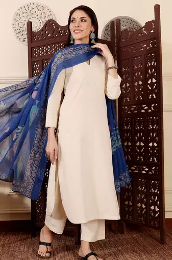 Cream chanderi silk v neck kurta pant set with printed blue dupatta | readymade suit