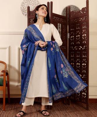 Cream chanderi silk v neck kurta pant set with printed blue dupatta | readymade suit 3