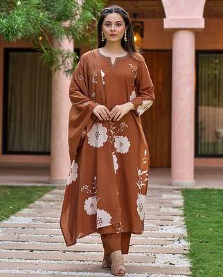 Brown muslin silk v neck kurta pant set with printed dupatta | readymade suit 1