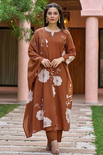Brown muslin silk v neck kurta pant set with printed dupatta | readymade suit
