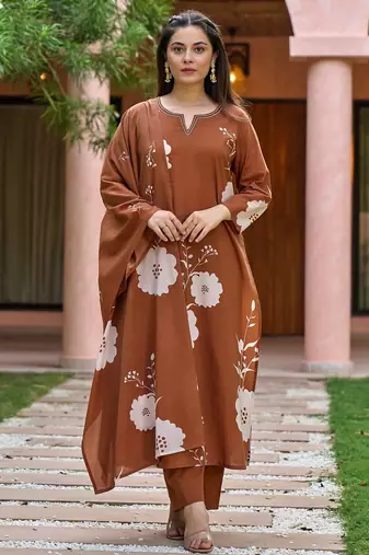 Brown muslin silk v neck kurta pant set with printed dupatta | readymade suit