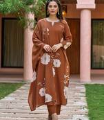 Brown muslin silk v neck kurta pant set with printed dupatta | readymade suit