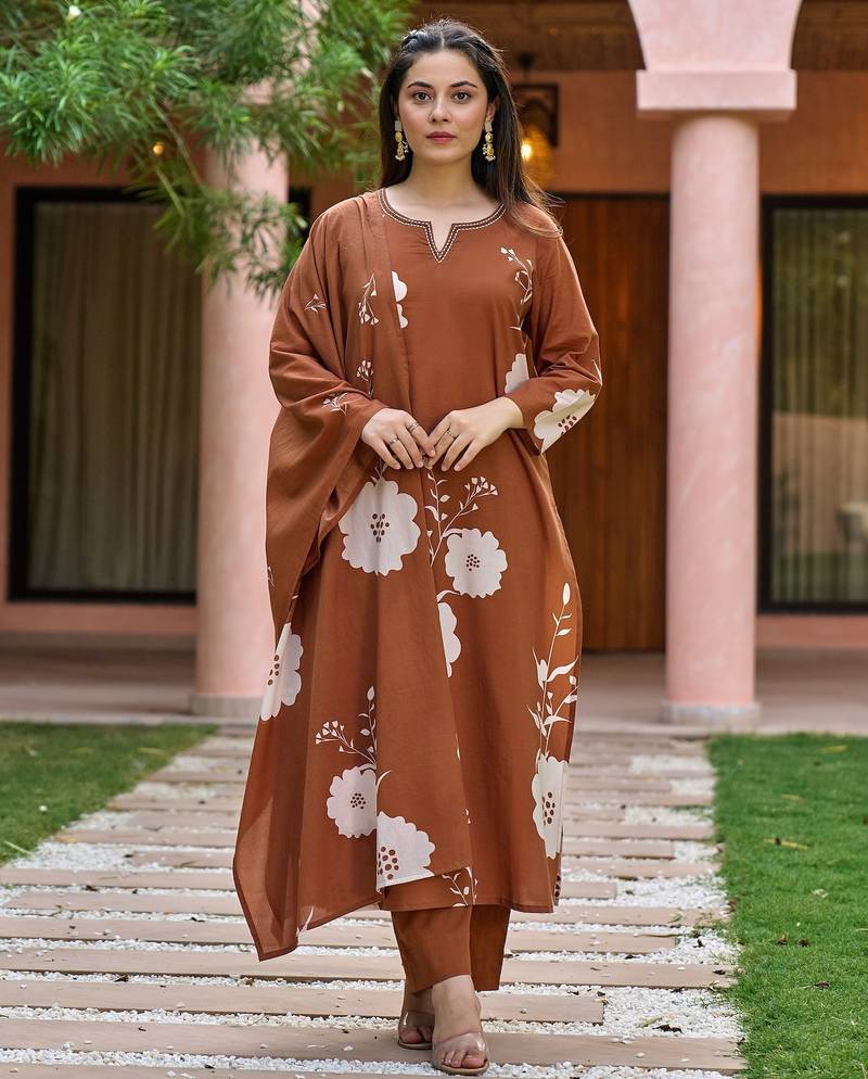 Brown muslin silk v neck kurta pant set with printed dupatta | readymade suit