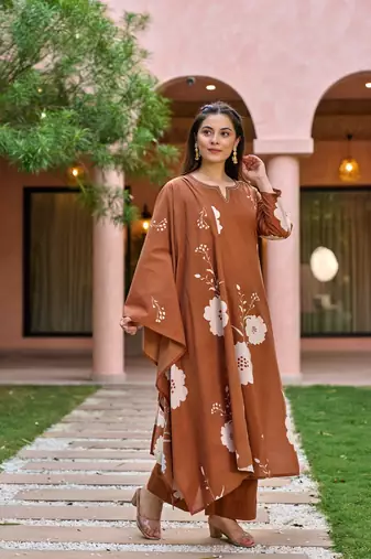 Brown muslin silk v neck kurta pant set with printed dupatta | readymade suit