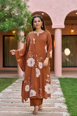 Brown muslin silk v neck kurta pant set with printed dupatta | readymade suit 4