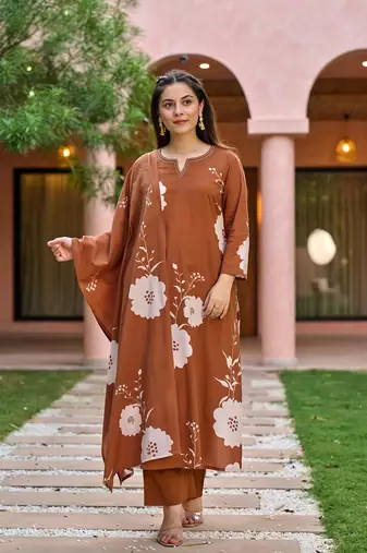 Brown muslin silk v neck kurta pant set with printed dupatta | readymade suit