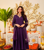 Purple viscose chanderi silk embroidery kurta pant set with organza dupatta