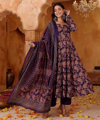 Purple rayon silk floral printed kurta pant set with printed chanderi dupatta 1