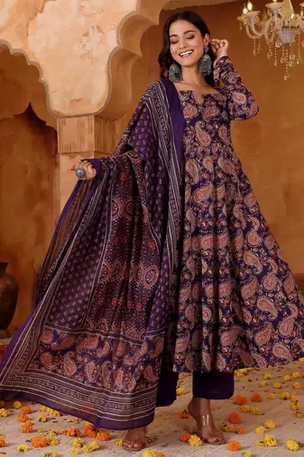 Purple rayon silk floral printed kurta pant set with printed chanderi dupatta