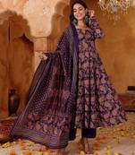 Purple rayon silk floral printed kurta pant set with printed chanderi dupatta