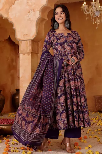 Purple rayon silk floral printed kurta pant set with printed chanderi dupatta