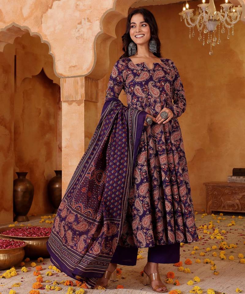 Purple rayon silk floral printed kurta pant set with printed chanderi dupatta
